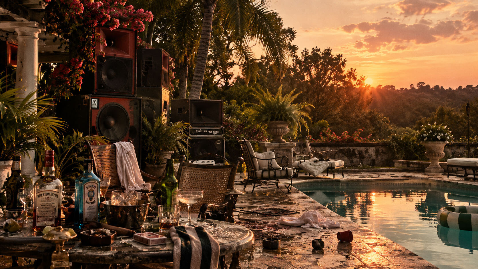 Sound system by a pool at sunset