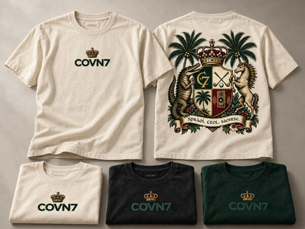COVN7 shirts in cream, black, and green, with the crest print on the back